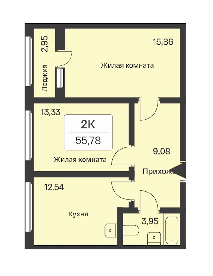 2-комнатная квартира 55.78 м², 9/10 эт., ЖК «Расцветай в Янино»